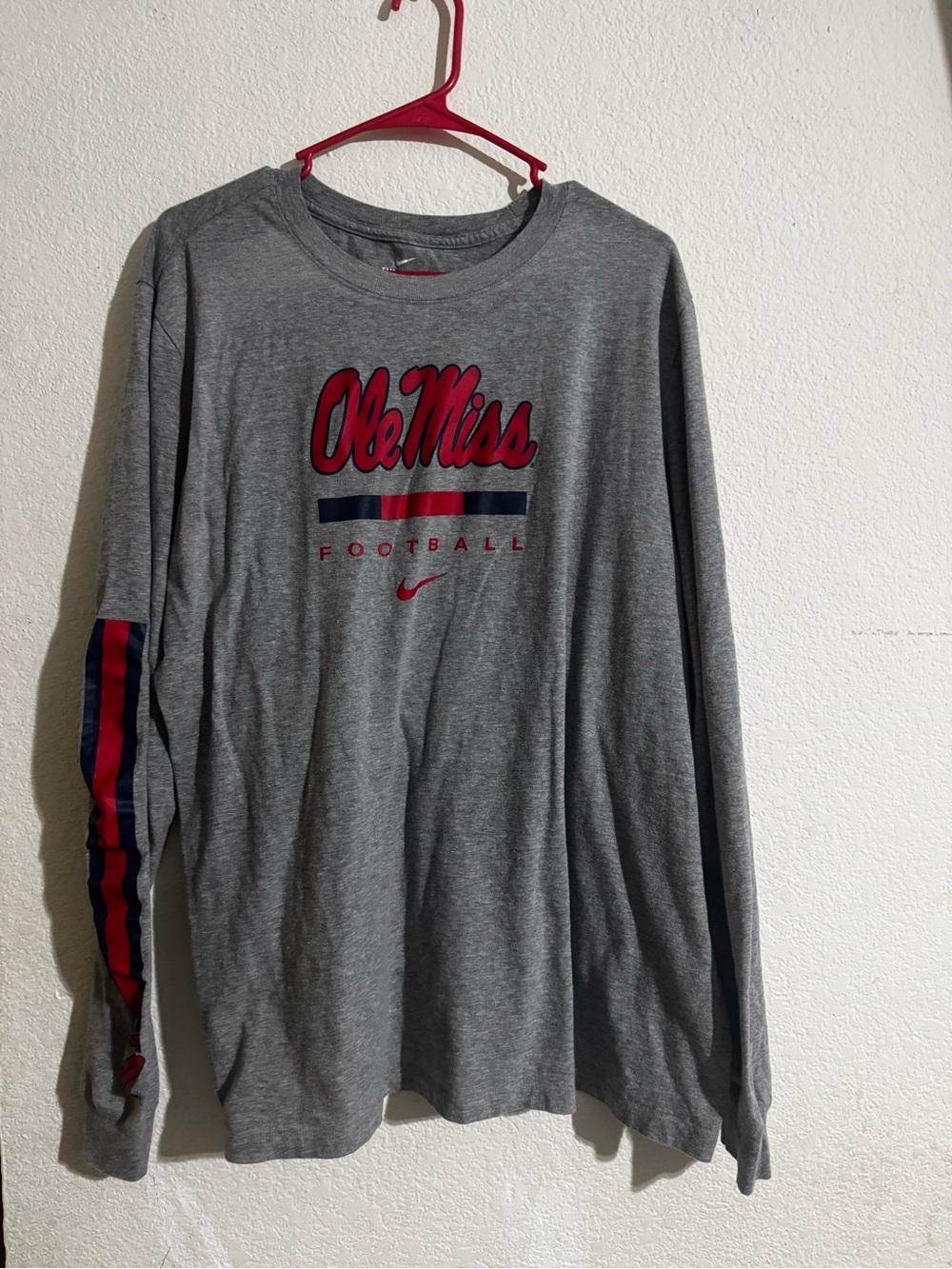 Nike Gray Ole Miss Long Sleeve Football Tee with Red & Navy Accents
